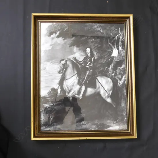 FRAMED BLACK & WHITE PRINT CAVALIER ON HORSEBACK  390 X 500MM