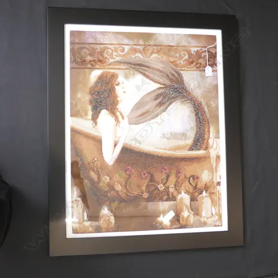 LARGE FRAMED PRINT & GLITTER BEAD MOSAIC OF MERMAID IN BATH 500 X 670MM