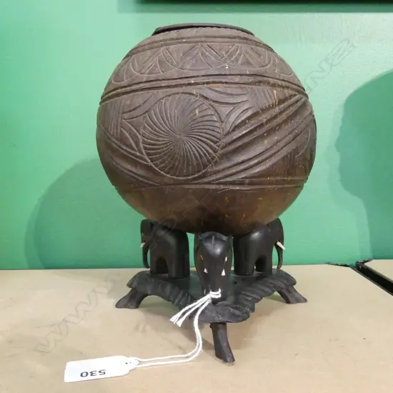 PACIFIC ISLAND CARVED COCONUT BOWL ON ELEPHANT TRIPOD STAND H 200MM (ELEPHANT TUSKS A/F)