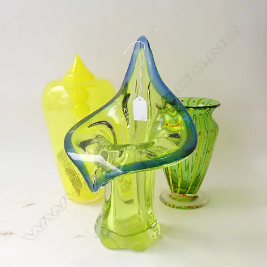 3 ART GLASS VASES; JACK IN THE PULPIT H.305mm + GREEN & YELLOW VASES