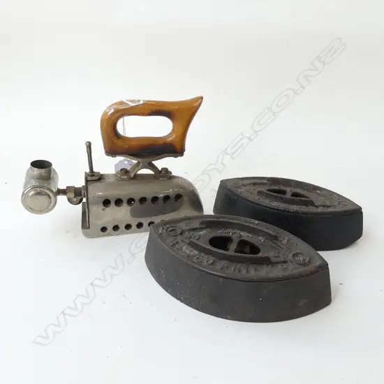 THREE ANTIQUE IRONS; ENTERPRISE, ONE WITH WOODEN HANDLE