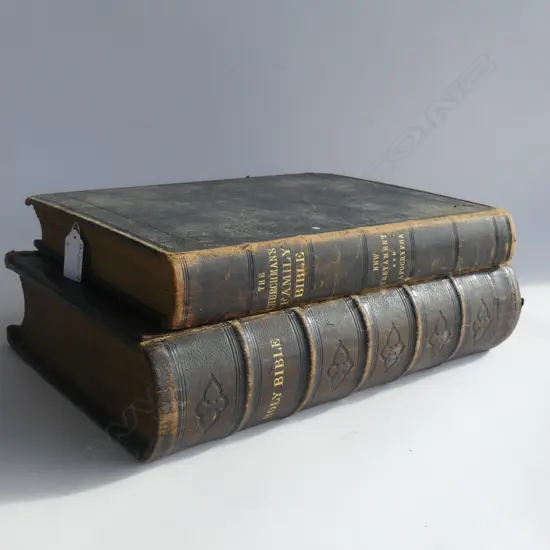 2 VINTAGE LEATHER BOUND FAMILY BIBLES WITH ILLUSTRATIONS & MAPS