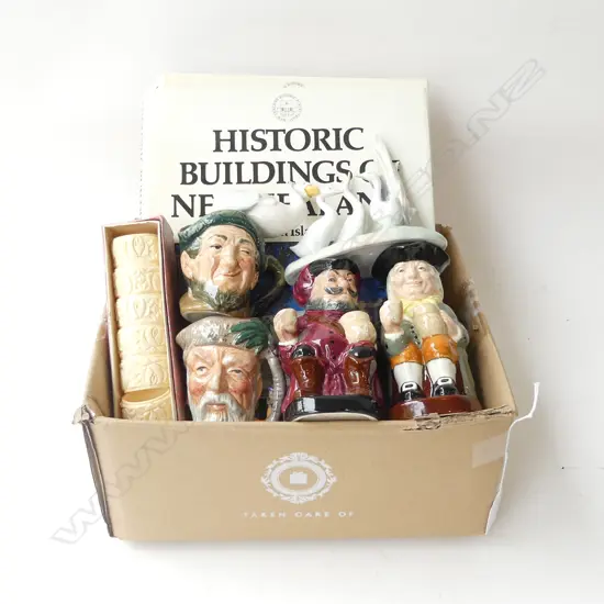 BOX LOT; 2 BOOKS; HISTORIC BUILDINGS NZ + ROYAL DOULTON TOBYS ETC