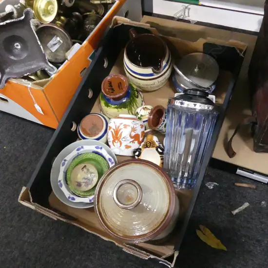BOX LOT ASST. CERAMICS; TORQUAY WARE, TALL LIDDED SALT GLAZED CONTAINER ETC