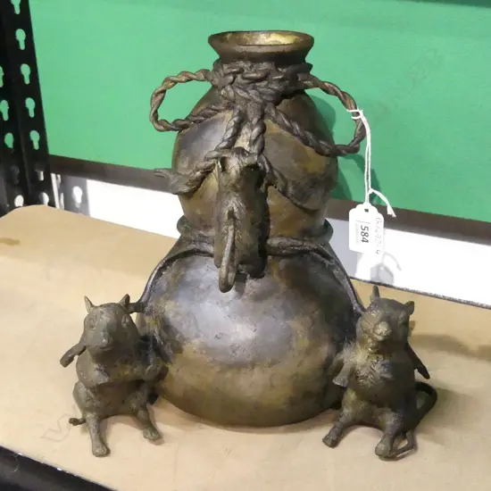 LG ORIENTAL BRONZE BASE WITH 3 APPLIED RATS OR MICE H 225MM