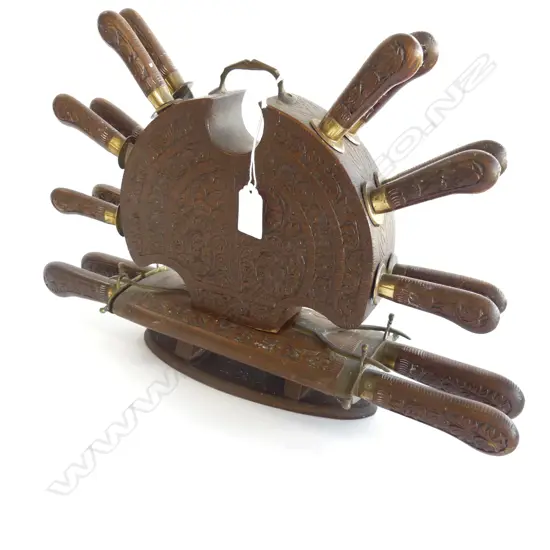 SET OF 16 VINTAGE INDIAN KNIVES IN CARVED WOODEN HOLDER W.440mm