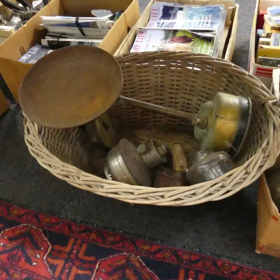 LAUNDRY BASKET, SCALES, VINTAGE IRON.