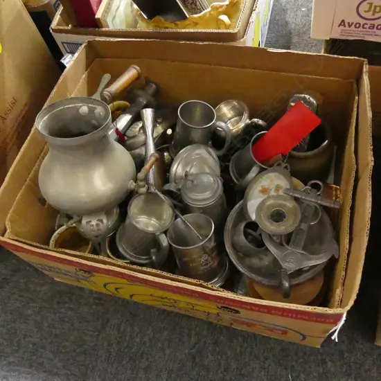 BOX LOT ASST. CERAMICS / EP / PEWTER ETC