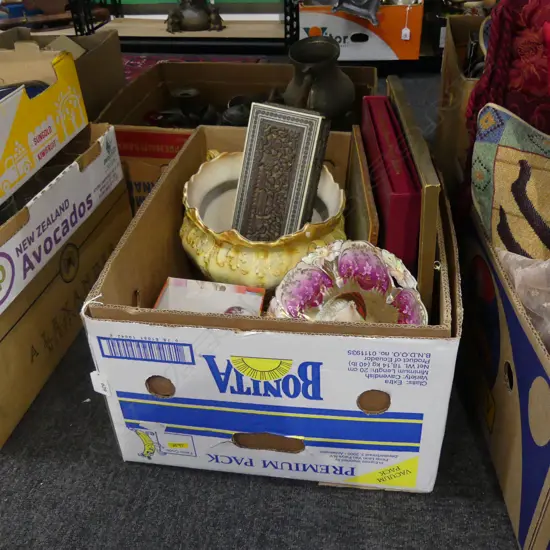 BOX LOT JARINIERE, PLATE, LOWRY PRINT, IVORY PAINTING, INLAID BOX, MINIATURE TEA SET ETC