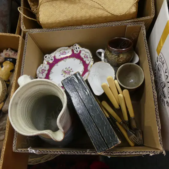 BOX ASST CHINA, POTTERY & FISH CUTLERY  ETC..