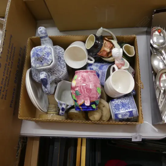 BOX LOT ASIAN TEA SET, 2x CROWN LYNN C/S, ROYAL DOULTON 'TOOTLES' FIGURINE H.120mm, 2 CHARACTER JUGS ETC
