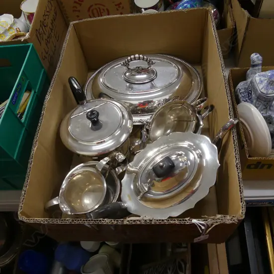 SILVER PLATE TUREEN AND TWO 3 PC TEA SETS