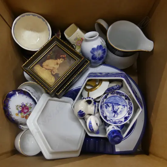 LOVELY BOX LOT OF MINIATURES + VASES & ORNAMENTS, SPODE TRINKET BOX, MASONS, MOORCROFT, DELFT ETC