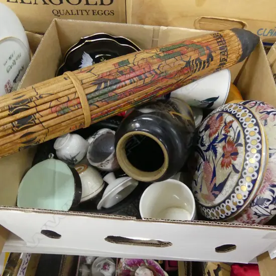 BOX LOT ASST. ORIENTAL CERAMICS, PARASOL ETC
