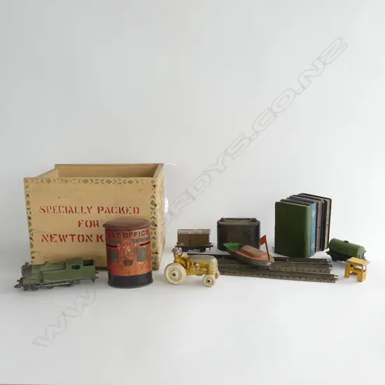 BOX LOT FUN HO TRACTOR, POST OFFICE SAVING BANKS, TOY TRAINS ETC