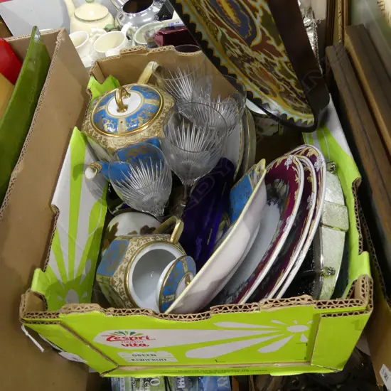 BOX LOT 4 CRYSTAL WINE GLASSES, GOUDA CERAMICS, OROTON HANDBAG, NORITAKE TEA SET ETC