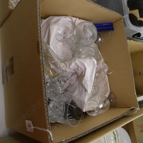 BOX LOT OF CHAMPAGNE GLASSES + MISC.