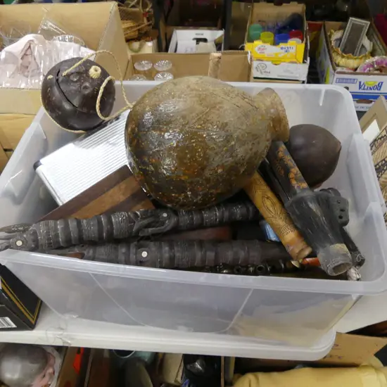 BOX LOT ASST.; TRIBAL CARVINGS, BINOCULARS, ETC