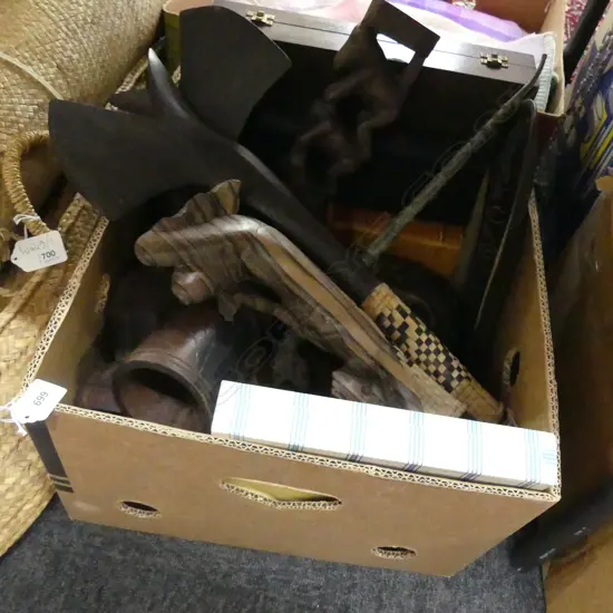 BOX LOT ASST. TRIBAL WOODEN CARVINGS, EMPTY CUTLERY CASE ETC