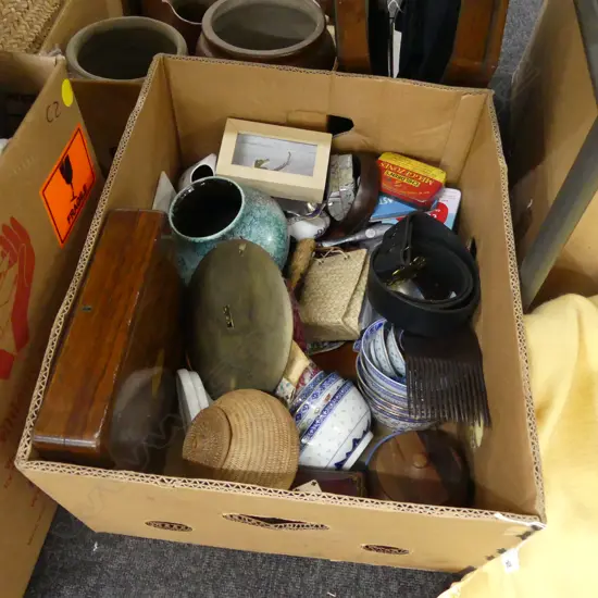 BOX LOT ASST.; ORIENTAL BOWLS, GERMAN VASE, CASED FISH SET, TINS ETC