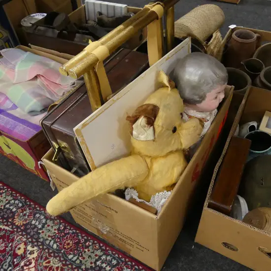 BOX LOT DOLL, TEDDY, SUITCASE, STAND, LACE ETC