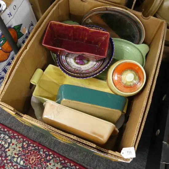 BOX LOT VINTAGE OVEN DISHES; DENBY, VASES ETC
