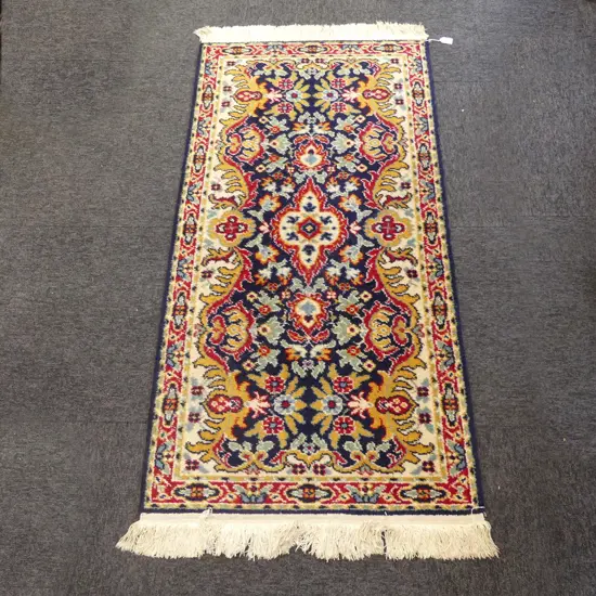 SML MACHINE WOVEN WOOL RUG - BLUE, RED & TAN 1380x680mm
