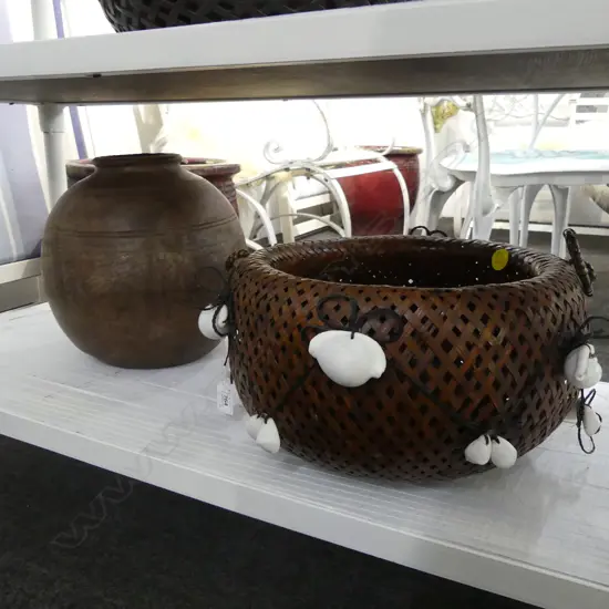 WOODEN POT + WOVEN BASKET w. COWRIE SHELL DECORATION 350mm dia