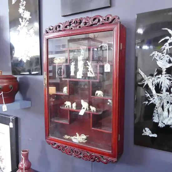 ORIENTAL ROSEWOOD & GLASS SHELF CABINET 700 X 445MM