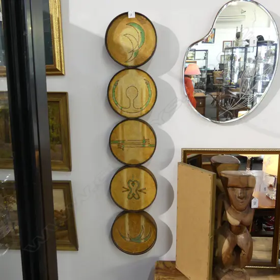 JAC DWYER MIXED MEDIA ARTWORK 'TAKE' 1995; 5 STACKED CIRCLES OF 195mm dia w. SYMBOLS  H.1980mm