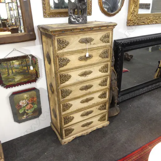 INDONESIAN WOODEN 7 DRAWER TALL BOY CHEST w. METAL DETAIL 655x365x1195mm