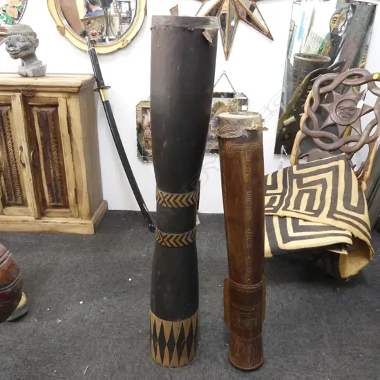 2 PNG TRIBAL CARVED WOODEN DRUMS H.990 / 780mm