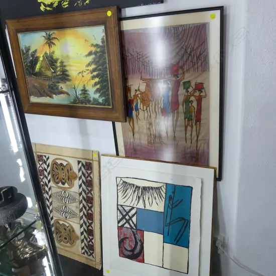 4 LARGE ARTWORKS; TAPA, OIL, BATIK, UNFRAMED DAGMAR DYCK SCREENPRINT 1/6 710x600mm