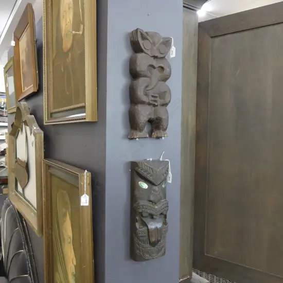 2 MAORI CARVED WOODEN FLAT BACK TIKI H.350mm