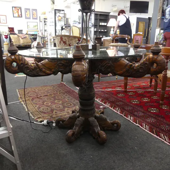 CARVED WOODEN TABLE w. ELEPHANT DESIGN 