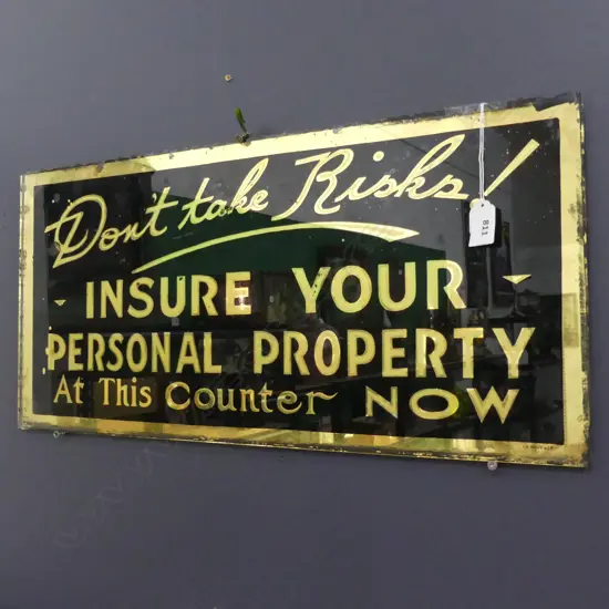 VINTAGE INSURANCE SIGN - BLACK & GOLD GILD ON GLASS 580 X 290MM CHIPPIING TO RIMS