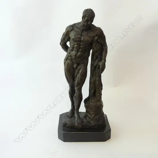 BRONZE; HERCULES w. SKIN OF NEMEAN LION; MARBLE BASE - SIGNED H 480mm