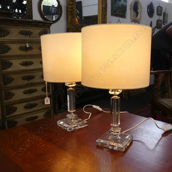 PR GLASS BASE &  COLUMN TABLE LAMPS, CREAM SHADES H 450MM