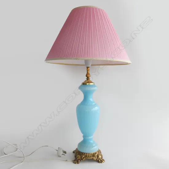 RETRO BLUE ITALIAN BLOWN GLASS LAMP w. PINK SHADE H.660mm