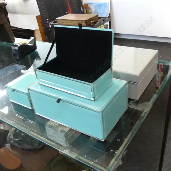 4 JEWELLERY BOXES; GREY MELAMINE W.280mm + SET OF 3 