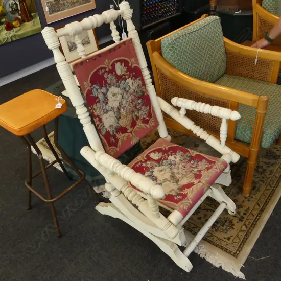 WHITE PAINTED COLONIAL ROCKER WITH TAPESTRY BACK & SEAT
