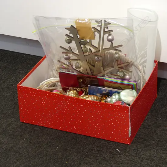 BOX LOT ASST. CHRISTMAS DECORATIONS, PUMICE STONES