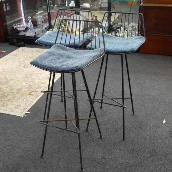 3 BLACK WROUGHT IRON STOOLS 
