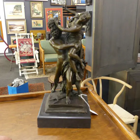 BRONZE SCULPTURE ON MARBLE BASE; ABDUCTION OF PERSEPHONE BY PLUTO; SIGNED AT BASE H 370MM