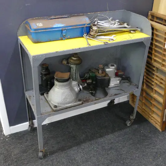 VINTAGE INDUSTRIAL WORKSHOP TROLLEY + TOOLS