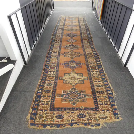 HAND KNOTTED ALL WOOL KURDISTAN RUNNER 4700X1000mm wear and repairs