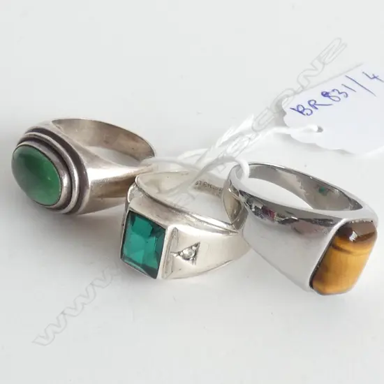 3 RINGS; SYNTHETIC EMERALD 2 WHITE STONES & STG & HIMALAYAN TURQUOISE.TIGERS EYE & 18CT WHITE G.PLATE