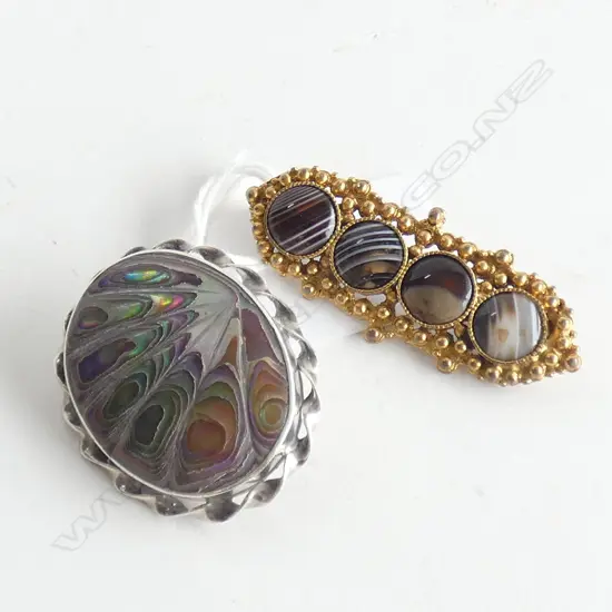 2 BROOCHES; BANDED AGATE & STG PAUA