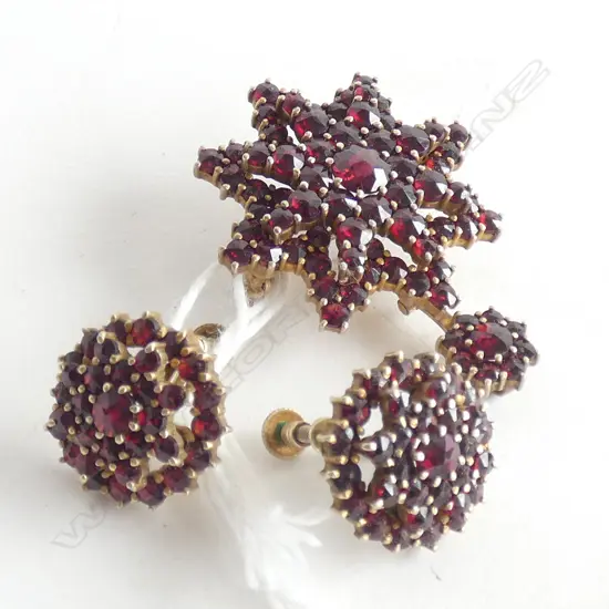 ANTIQUE GOLD ON SILVER GARNET SET BROOCH + EARRINGS