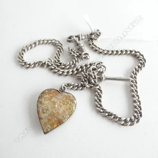 SILVER FOB CHAIN WITH PAUA SHELL HEART SET IN SILVER  29.80gm